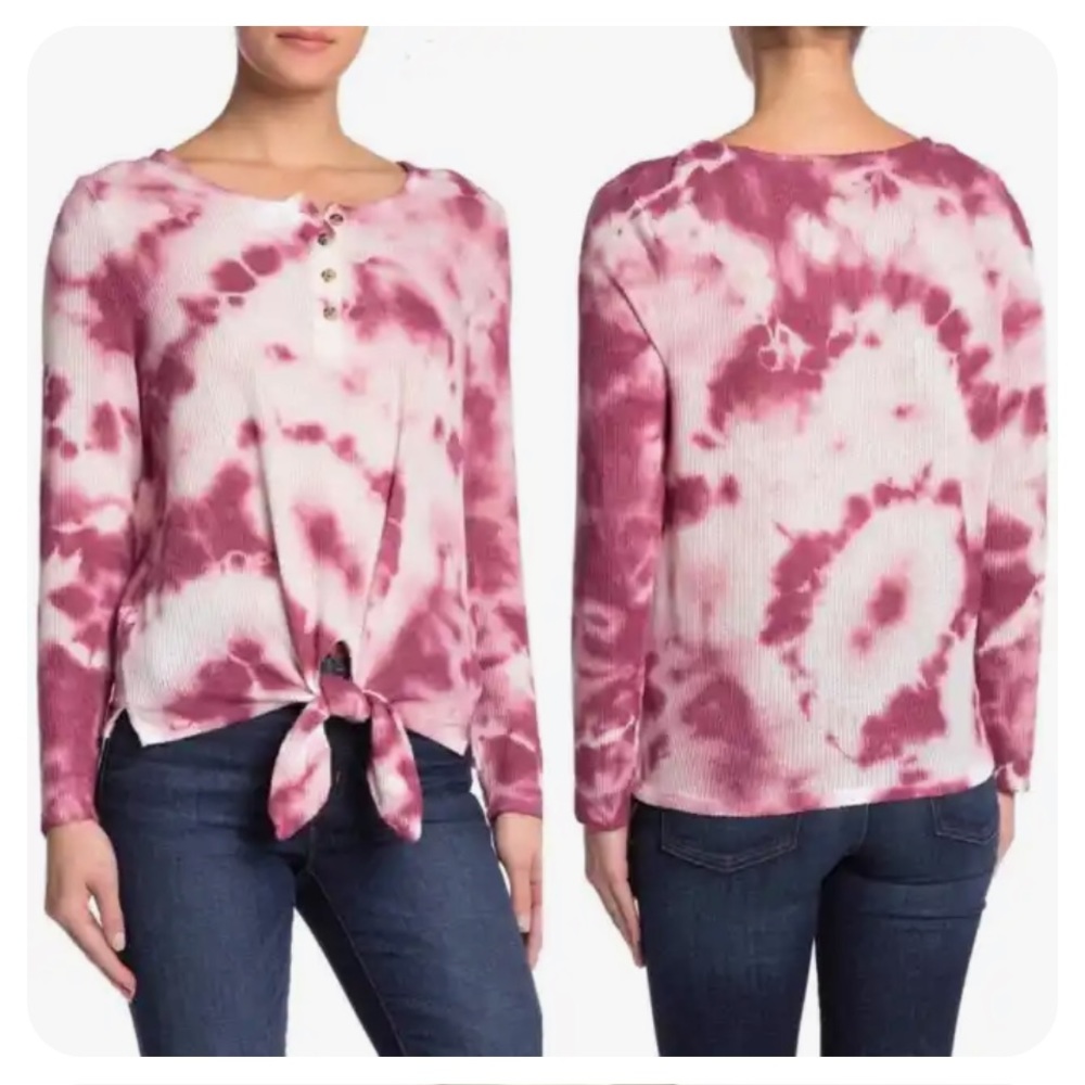 C&C California tie dye XL berry tie front thermal rib knit Henley shirt
